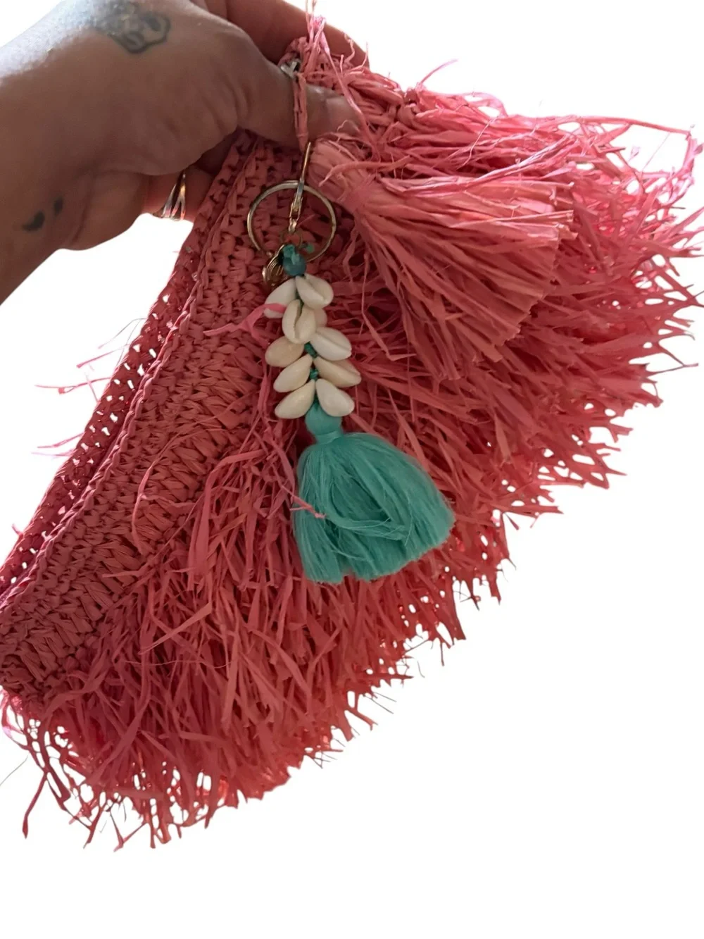 Pink Raffia Fringe Clutch with Tassel